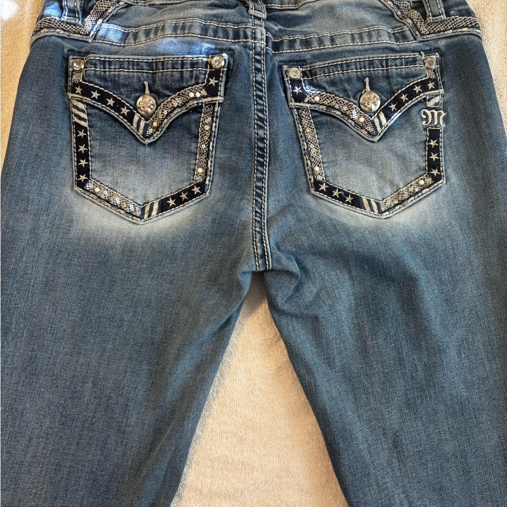 Miss Me Blue Boot Cut Jeans with Rhinestone Accents - Picture 2 of 4